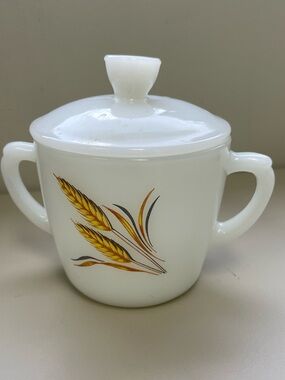Fire King White Milk Glass Sugar Bowl with Golden Wheat Decal